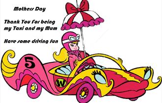 Cartoon picture of lady driving racing car, Wight Karting, Ryde, events, What's On
