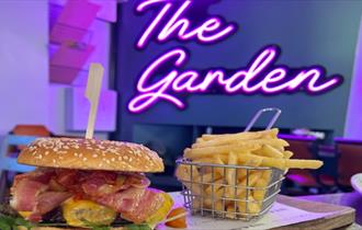 Isle of Wight, Eating Out, Cowes, The Garden, Neon Sign, Burger and Chips
