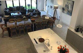 Open plan kitchen, dining and living areas at Woodlands, Seaview, Isle of Wight, self catering