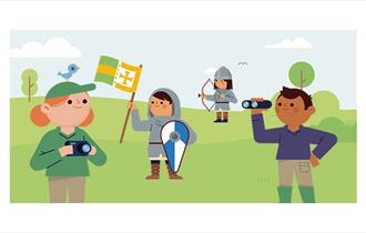 Children dressed up in knights with parents watching in cartoon picture, Carisbrooke Castle event, Isle of Wight