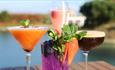 Isle of Wight, The Duck, Appley, Ryde, Eating Out, Image of vibrant cocktails on outside table overlooking lake.