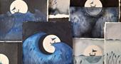 Paintings - waves, moon and boat