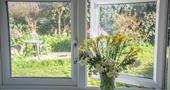 Flowers on a windowsill overlooking a garden