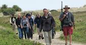 Group walking on an off island