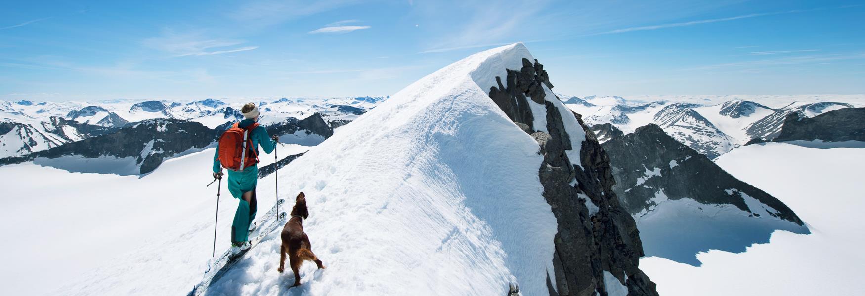 En person på Galdhøpiggen på ski