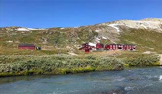 Blue river flows past Krossbu tourist cabin in the summer.
