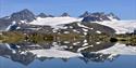 Smørstabbtindane seen with clear water in front at Sognefjellet.