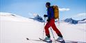 picture of randone skier walking on the glacier with beatifull summits in the background aktiv i lom