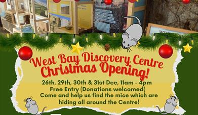 A Christmas themed image showing the Christmas opening times for West Bay Discovery Centre
