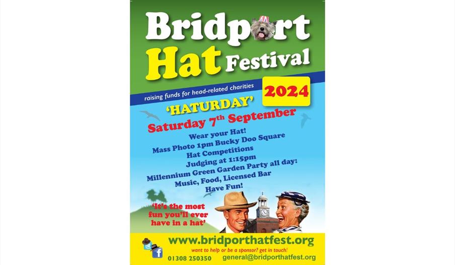 Poster for the Bridport Hat Festival showing 2 cartoon people wearing hats, listing the activities of the day - 7th September 2024