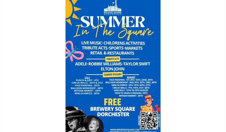 Poster for Summer in the Square, showing a QR code for more details, list of events with dates