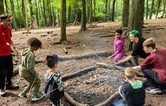 Picture of some adults and children in a wooded area using sticks to cook marshmallows over a fire