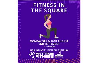 Poster showing a lady lunging, with dates of fitness classes at Brewery Square, Monday 26th August and 2nd September 11.30 am