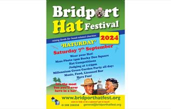 Poster for the Bridport Hat Festival showing 2 cartoon people wearing hats, listing the activities of the day - 7th September 2024