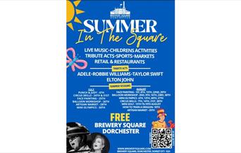 Poster for Summer in the Square, showing a QR code for more details, list of events with dates