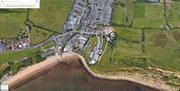 Picture of a map with meeting point, Picture of a sandy beach and picture of a rocky beach