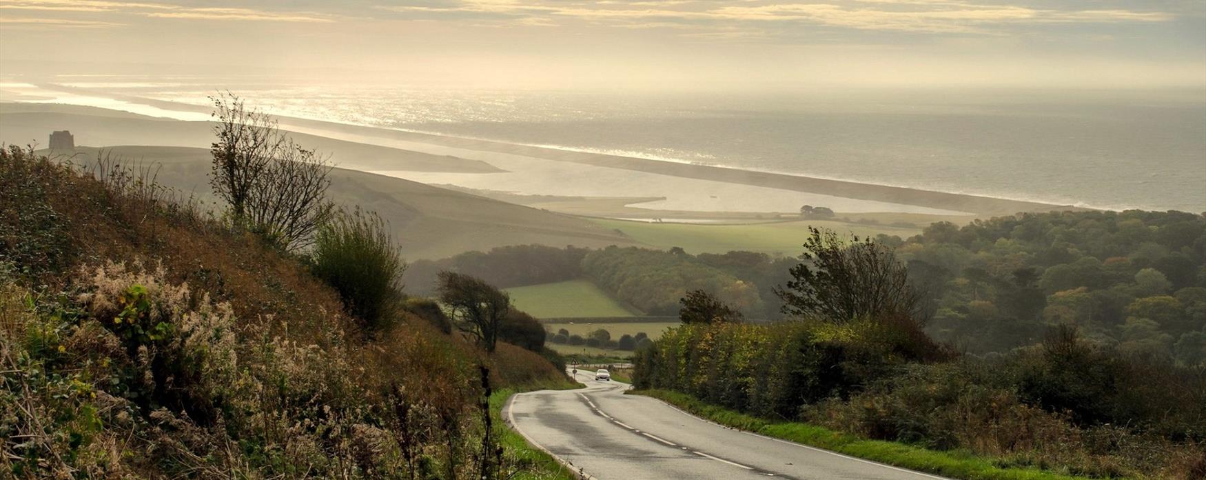 View of Chesil Beach and the Fleet Lagoon from Abbotsbury Hill.