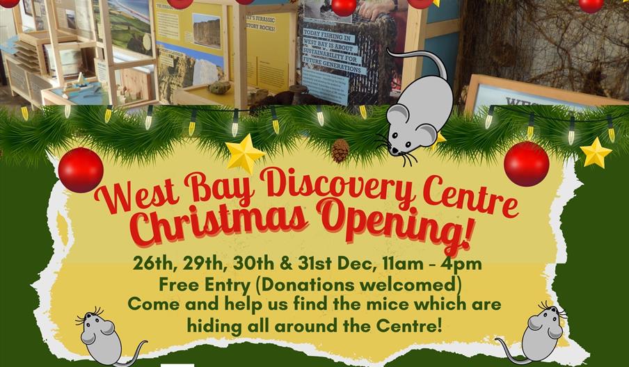 A Christmas themed image showing the Christmas opening times for West Bay Discovery Centre