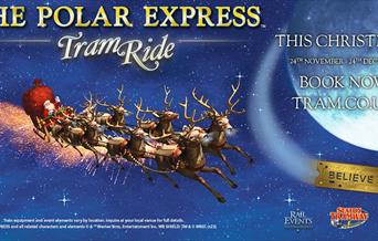 A Christmas themed image depicting The Polar Express Tram Ride event at Seaton.