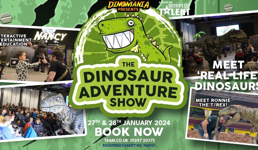 An dinosaur themed image depicting Seaton Tramway's Dinosaur Adventure event
