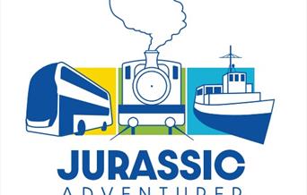 Logo showing Jurassic Adventurer, with a picture of a bus, train and boat.