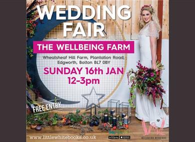 Wedding fair poster showing a bride holding a bouquet of flowers and facing the camera with a smile.