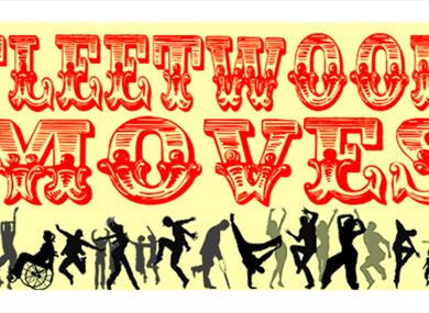 Yellow festival poster says Fleetwood Moves with lots of types of people dancing.