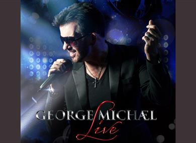 The performer is dressed in black with dark shades holding a microphone, bathed from behind in blue light.