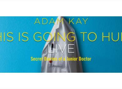 This is Going to Hurt book cover image of a doctors white coat against a blue background.