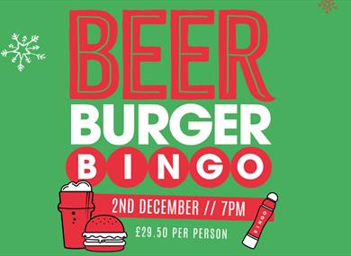 Festive event poster with snowflakes, and a cartoon beer, burger and a bingo dapper.