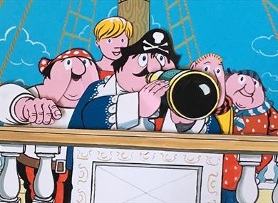 Cartoon of Captain Pugwash and his friends on a pirate ship.