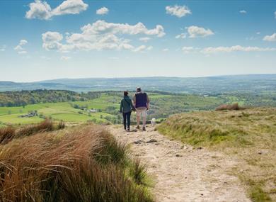Woman and man walking with small, white dog on windswept hill top path in Pendle.
