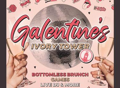 Galentine's promotional poster with a disco ball design.