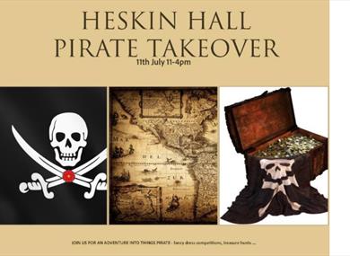 Event poster with three pictured of a skull and daggers, a treasure map and a treasure chest.