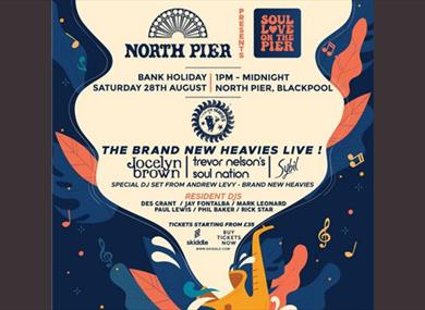 Poster for the event with details of the event being blasted from a saxophone with musical notes.