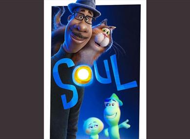 Film poster of a gentleman with a cat on his shoulder.  A couple of curious green characters stand next to them.