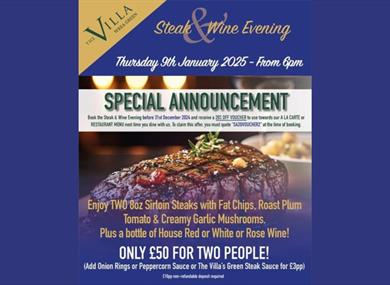 Steak and Wine Evening at The Villa Country Hotel