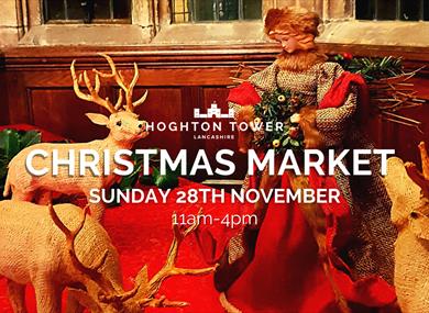 A Christmas decoration scene at the tower including reindeer.