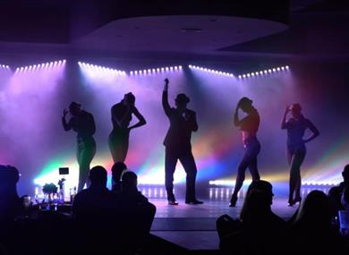 Performers, on stage, in the spotlight.