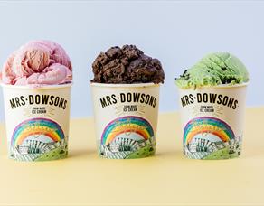 The famous Mrs Dowsons Ice cream, served in multicoloured sprinkled cone.