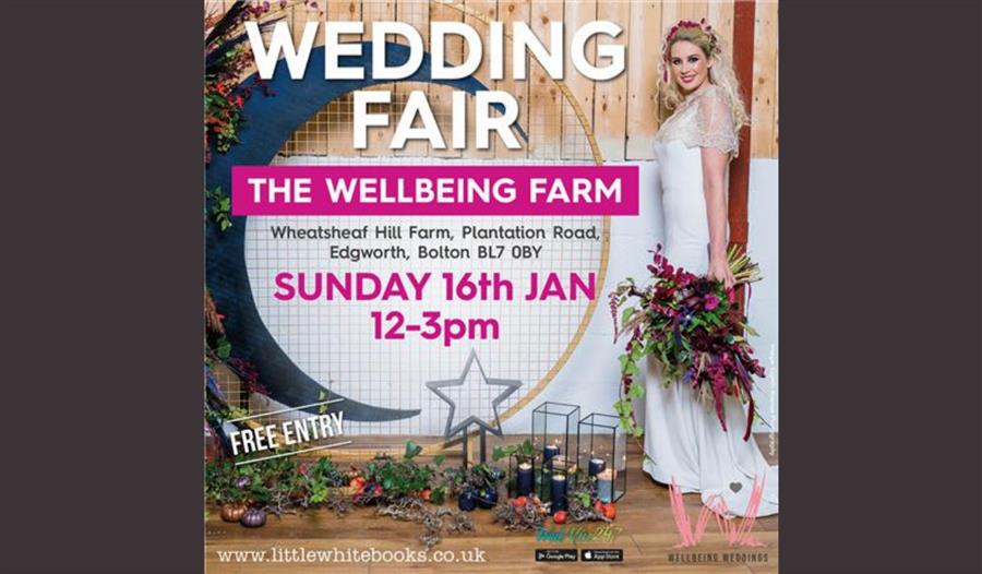 Wedding fair poster showing a bride holding a bouquet of flowers and facing the camera with a smile.