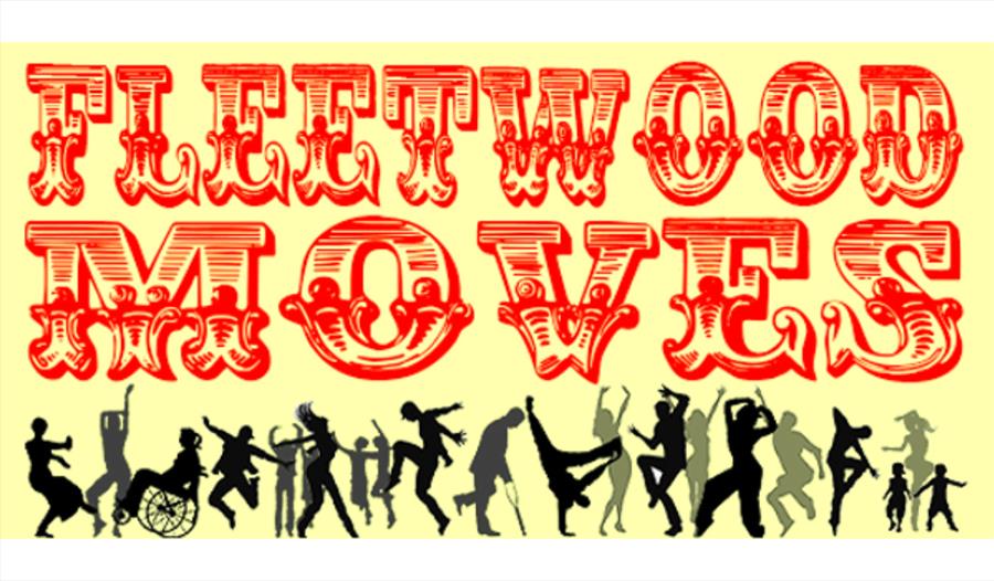 Yellow festival poster says Fleetwood Moves with lots of types of people dancing.