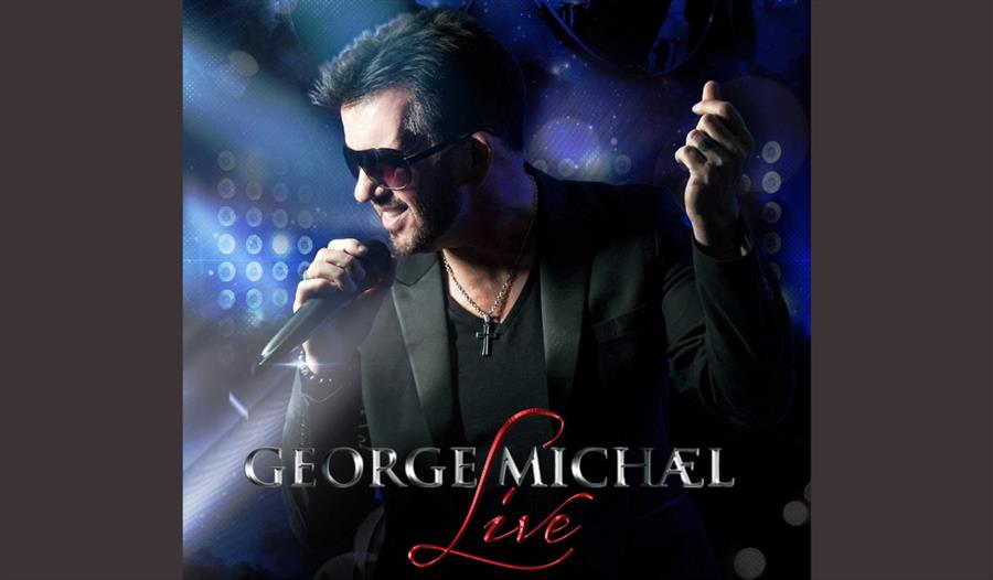The performer is dressed in black with dark shades holding a microphone, bathed from behind in blue light.