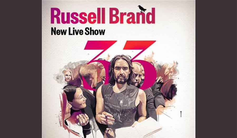 Promotional poster for the new live show.  Russell Brand stands holding a pen in one hand and a book in the other.  He is surrounded by people and the