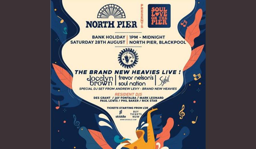 Poster for the event with details of the event being blasted from a saxophone with musical notes.