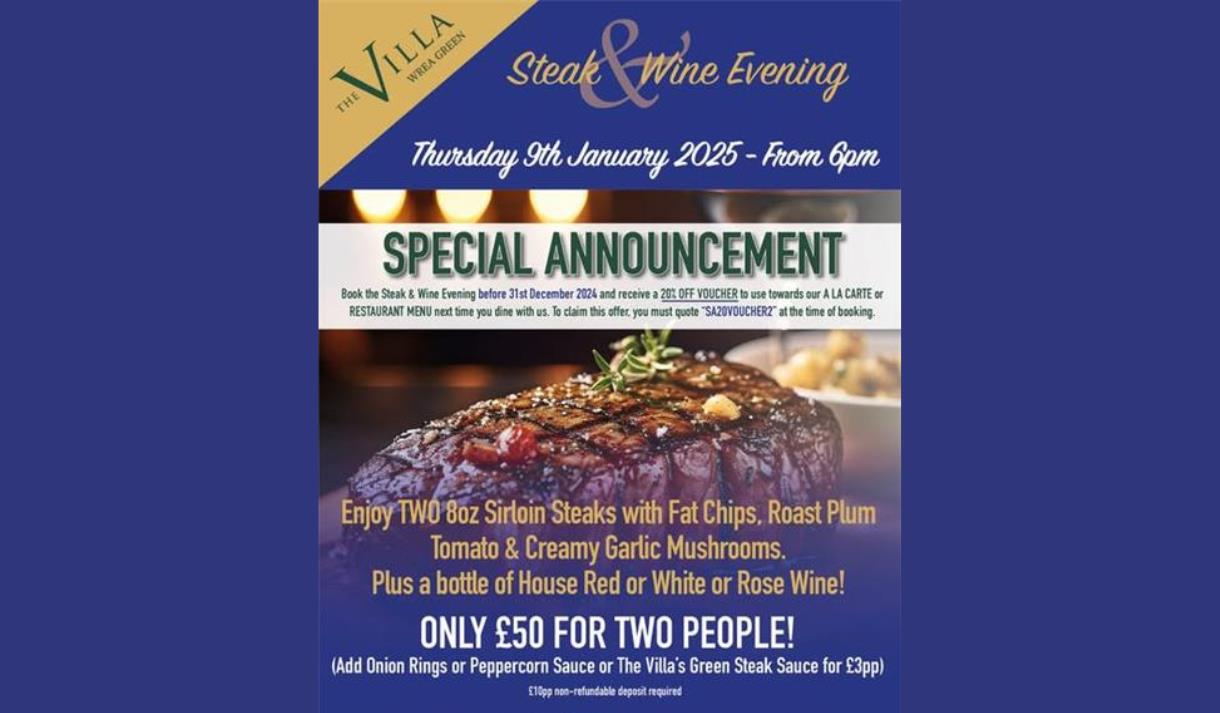 Steak and Wine Evening at The Villa Country Hotel