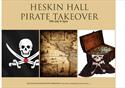 Event poster with three pictured of a skull and daggers, a treasure map and a treasure chest.