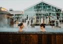 Outdoor hot tub with friends in