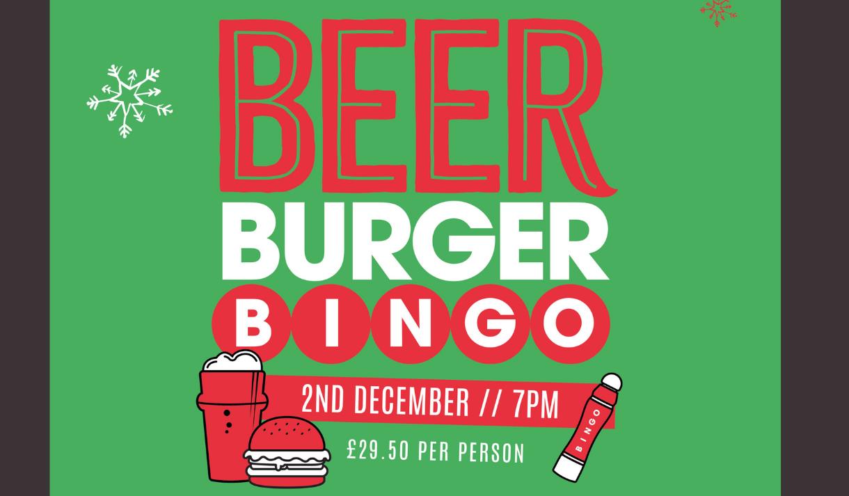 Festive event poster with snowflakes, and a cartoon beer, burger and a bingo dapper.