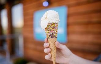 The famous Mrs Dowsons Ice cream, served in multicoloured sprinkled cone.